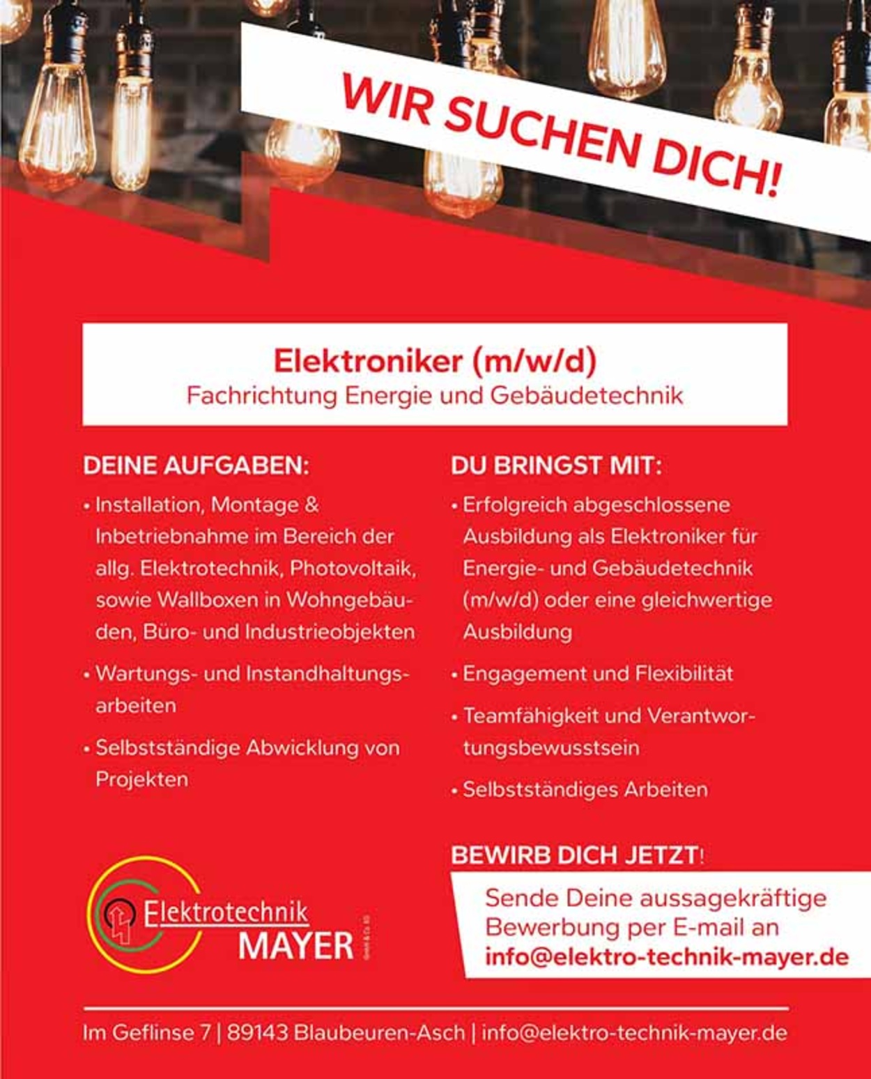 Stellenanzeige von Mayer Elektrotechnik